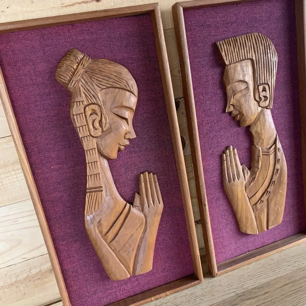 2 Wall Art Hangings Namaste Lady Man Praying Carved Wood Teak VTG Tribal African